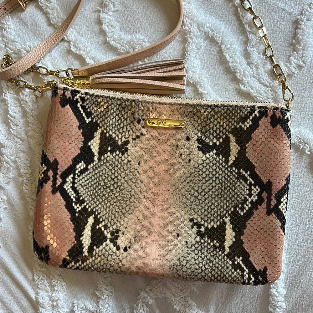 GiGi New York Pink and Black Snake Print Crossbody Bag